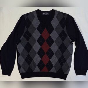 BROOKS BROTHERS, V-Neck Argyle Sweater - Black, Gray, and Red